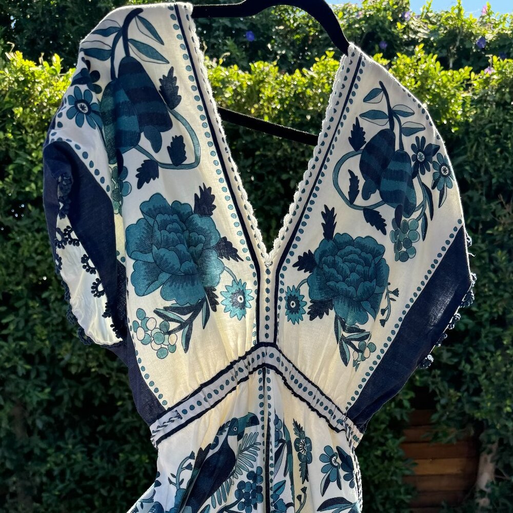 Farm Rio Tropical Tiles Floral Linen-Blend Mini A-Line Dress - Size M